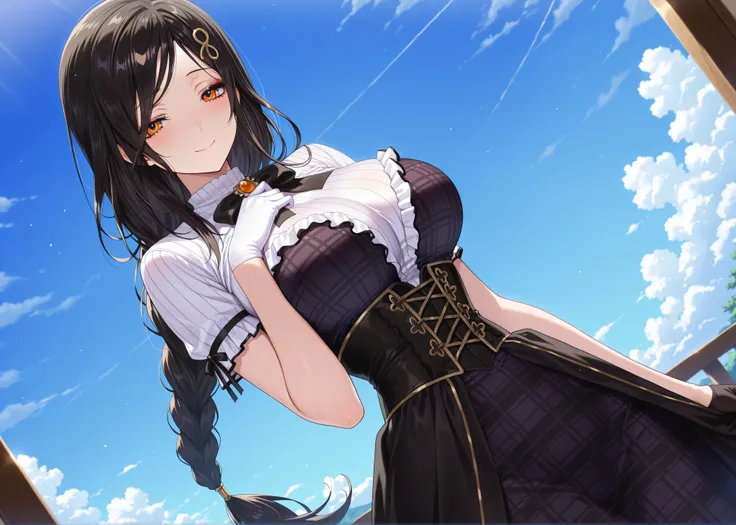 solo,masterpiece,best quality, amazing quality, highres, absurdres, very aesthetic, high resolution, ultra detailed, perfect details,nijitomoe,large breasts,orange eyes,black hair,makeup,long hair,single braid,hair over sholuder,hair ornament,  trailblazer...