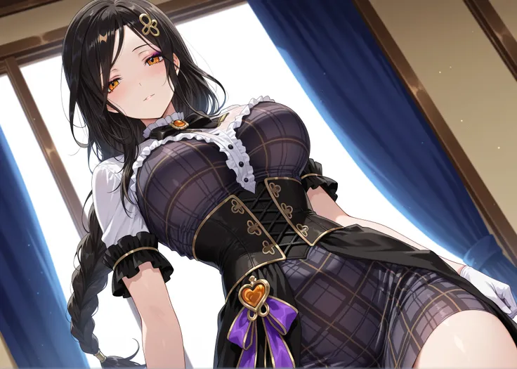 solo,masterpiece,best quality, amazing quality, highres, absurdres, very aesthetic, high resolution, ultra detailed, perfect details,nijitomoe,large breasts,orange eyes,black hair,makeup,long hair,single braid,hair over sholuder,hair ornament,  trailblazer...
