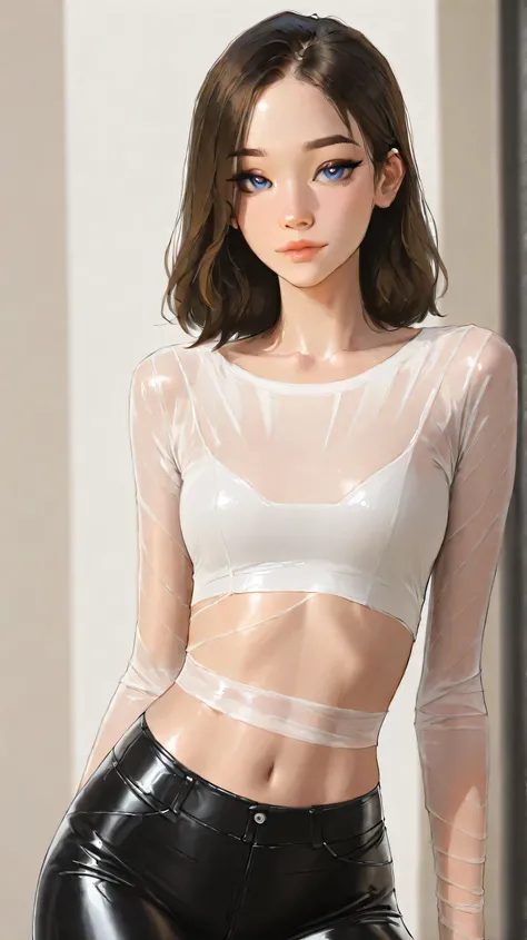TEW2Juli, 1girl, skinny, short brown hair, blue eyes, eyeliner,   seductive,see through white shirt, tight leather pants, , semi-realistic sam yang style, ninjartist style, masterpiece, best quality, very aesthetic, movie quality, depth of field,soft satur...