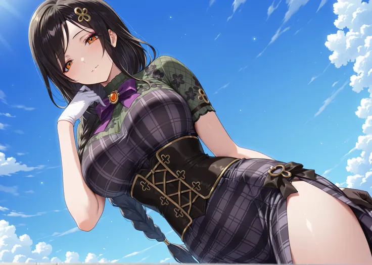 solo,masterpiece,best quality, amazing quality, highres, absurdres, very aesthetic, high resolution, ultra detailed, perfect details,nijitomoe,large breasts,orange eyes,black hair,makeup,long hair,single braid,hair over sholuder,hair ornament,  trailblazer...