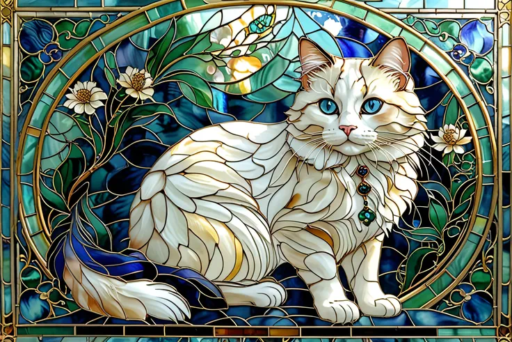 drawn in Art Nouveau stained glass style、An elegant and mysterious cat。Blue-eyed bicolor ragdoll。Delicate patterns overlap like feathers。Deep blue and emerald green spread out in the background、fantasticで調和のとれた雰囲気を演出。The cat is surrounded by gorgeous peony...