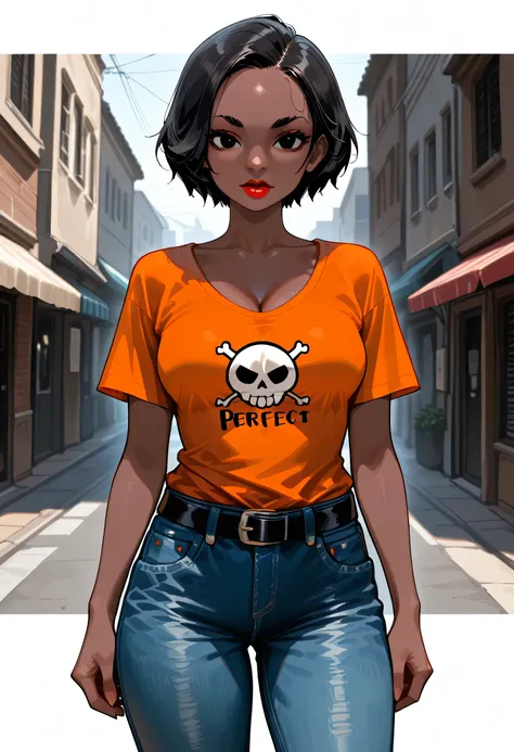 Perfect Face, Perfect Body, (Female African, African Face, Colored Skin, Brown Skin), Black Hair, (Short Hair), (Forehead), Black Thin Eyebrows, Black Eyes, Nose, Red Lips, Beautiful Face, Collarbone, Cleavage, (medium Breasts, Perfect Breasts), (Orange T-...