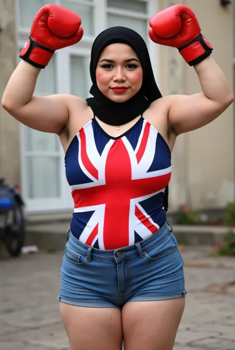 Chubbyfront view, Malaysian hijab-wearing mother. (Wearings British flag top strapless ). BOTH HANDS IN STRAIGHT UP LIFT WEARING RED BOXING GLOVES, hairy Arm pit, too much very short denim micro-shorts unbuttone.
