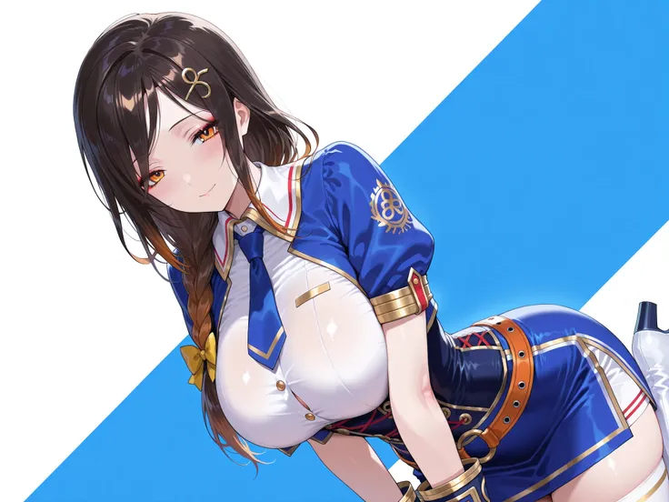 solo,masterpiece,best quality, amazing quality, highres, absurdres, very aesthetic, high resolution, ultra detailed, perfect details,nijitomoe,large breasts,orange eyes,black hair,makeup,long hair,single braid,hair over sholuder,hair ornament, glorious azu...