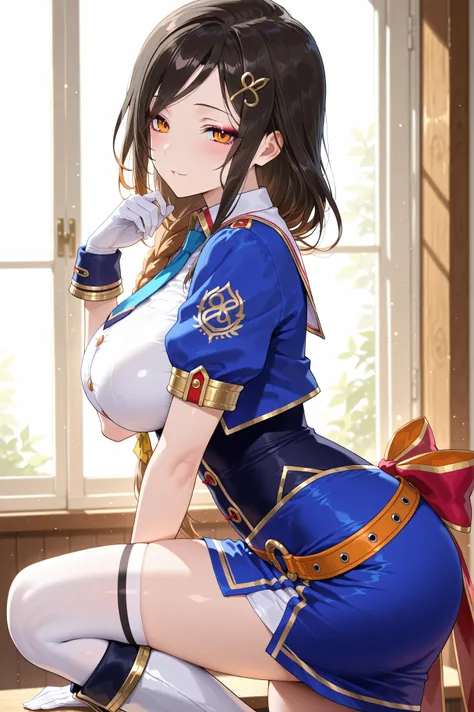 solo,masterpiece,best quality, amazing quality, highres, absurdres, very aesthetic, high resolution, ultra detailed, perfect details,nijitomoe,large breasts,orange eyes,black hair,makeup,long hair,single braid,hair over sholuder,hair ornament, glorious azu...