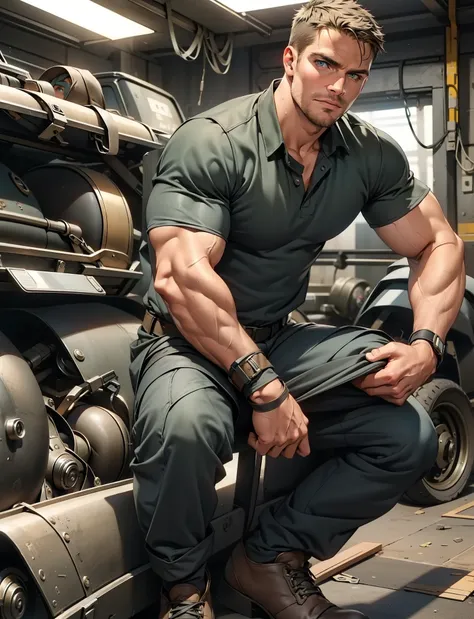 masterpiece, best quality face, natural eyes,mature man, muscled and mature, stephen amell as a mechanic man, sweating, full body