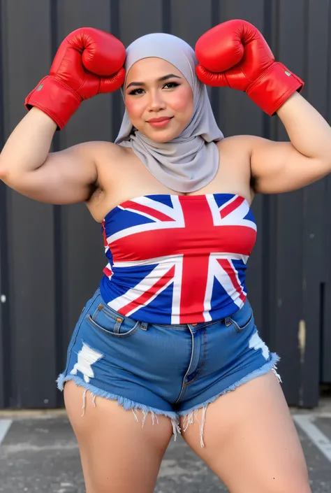 Chubbyfront view, Malaysian hijab-wearing mother. (Wearings British flag top strapless ). BOTH HANDS IN STRAIGHT UP LIFT WEARING RED BOXING GLOVES, hairy Arm pit, too much very short denim micro-shorts unbuttone.