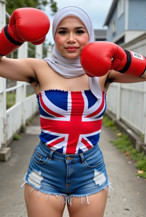 Chubbyfront view, Malaysian hijab-wearing mother. (Wearings British flag top strapless ). BOTH HANDS IN STRAIGHT UP LIFT WEARING RED BOXING GLOVES, hairy Arm pit, too much very short denim micro-shorts unbuttone.