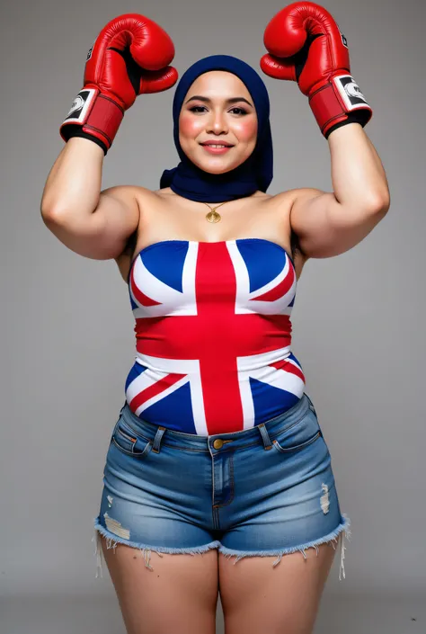 Chubbyfront view, Malaysian hijab-wearing mother. (Wearings British flag top strapless ). BOTH HANDS IN STRAIGHT UP LIFT WEARING RED BOXING GLOVES, hairy Arm pit, too much very short denim micro-shorts unbuttone.