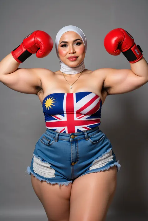 Chubbyfront view, Malaysian hijab-wearing mother. (Wearings British flag top strapless ). BOTH HANDS IN STRAIGHT UP LIFT WEARING RED BOXING GLOVES, hairy Arm pit, too much very short denim micro-shorts unbuttone.