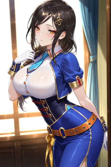 solo,masterpiece,best quality, amazing quality, highres, absurdres, very aesthetic, high resolution, ultra detailed, perfect details,nijitomoe,large breasts,orange eyes,black hair,makeup,long hair,single braid,hair over sholuder,hair ornament, glorious azu...