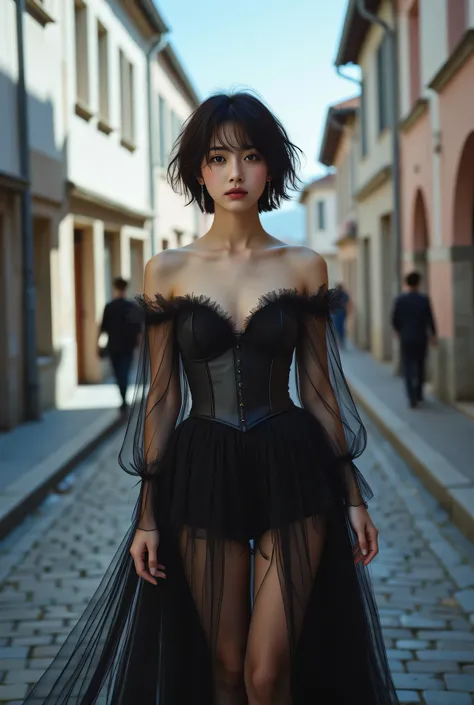 The image shows a young japanese woman (standing) on a cobblestone street in a European town.
She is wearing a elegant black dress with a corset details and high neckline and long lace sleeves.
The dress has a corset-style elegant and a full skirt that fla...
