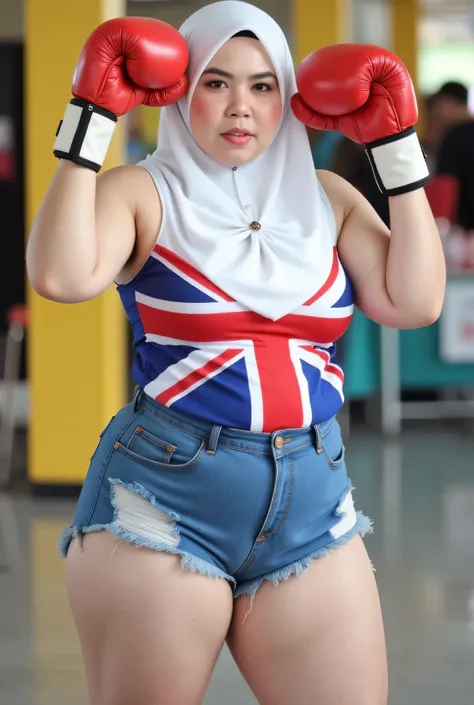 Chubbyfront view, Malaysian hijab-wearing mother. (Wearings British flag top strapless ). BOTH HANDS IN STRAIGHT UP LIFT WEARING RED BOXING GLOVES, hairy Arm pit, too much very short denim micro-shorts unbuttone.