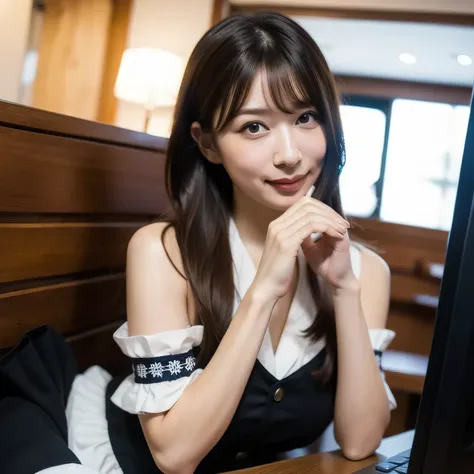 A beautiful girl wearing a neat dark blue and white maid outfit. She is sitting on a fully reclined seat in a typical Japanese manga café semi-private booth. Around her are a computer monitor, a stack of manga books, and a drink cup nearby. She holds both ...