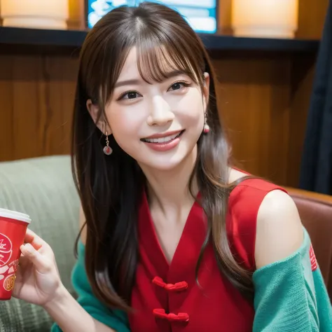 A cute girl with short light brown hair styled in two side buns, wearing a vivid red traditional Chinese dress with modest design details. She is sitting in a Japanese karaoke box, surrounded by a typical sofa, table, drink cup, and a moist hand towel. The...