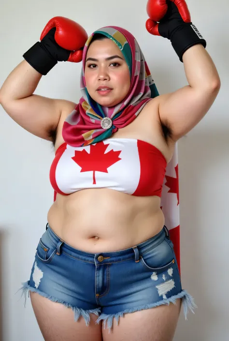 Chubbyfront view, Malaysian hijab-wearing mother. (Wearings Canada flag top strapless ). BOTH HANDS IN STRAIGHT UP LIFT WEARING RED BOXING GLOVES, hairy Arm pit, too much very short denim micro-shorts unbuttone.