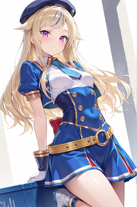 solo,masterpiece,best quality, amazing quality, highres, absurdres, very aesthetic, high resolution, ultra detailed, perfect details,suzuki hina, blonde hair, long hair, streaked hair, hair flaps, purple eyes, skinny, small breasts, hat, beret, glorious az...