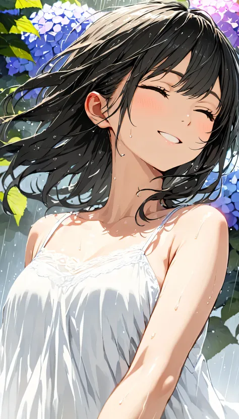 masterpiece, best quality, ultra-detailed, 8k, high resolution, Gentle colors, soft focus, dreamy background, White background, Hydrangea background, Delicate and dynamic, light rain, The wind is blowing, 1 girl, Long white camisole dress, Wet and shiny bl...