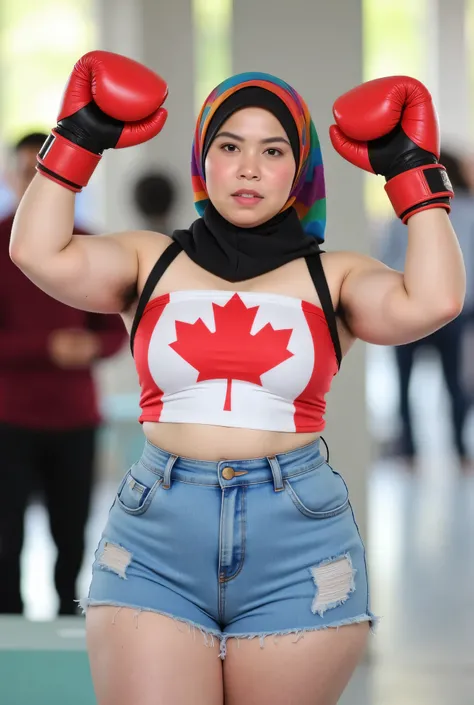 Chubbyfront view, Malaysian hijab-wearing mother. (Wearings Canada flag top strapless ). BOTH HANDS IN STRAIGHT UP LIFT WEARING RED BOXING GLOVES, hairy Arm pit, too much very short denim micro-shorts unbuttone.