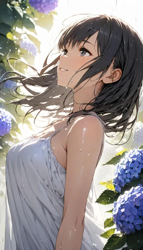 masterpiece, best quality, ultra-detailed, 8k, high resolution, Gentle colors, soft focus, dreamy background, White background, Hydrangea background, Delicate and dynamic, light rain, The wind is blowing, 1 girl, Long white camisole dress, Wet and shiny bl...