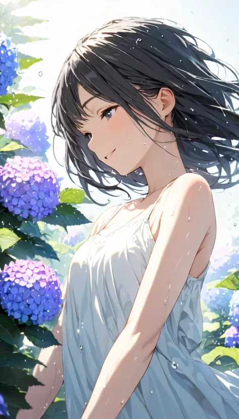 masterpiece, best quality, ultra-detailed, 8k, high resolution, Gentle colors, soft focus, dreamy background, White background, Hydrangea background, Delicate and dynamic, light rain, The wind is blowing, 1 girl, Long white camisole dress, Wet and shiny bl...