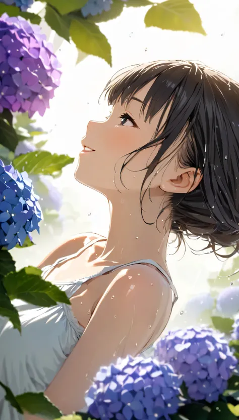 masterpiece, best quality, ultra-detailed, 8k, high resolution, Gentle colors, soft focus, dreamy background, White background, Hydrangea background, Delicate and dynamic, light rain, The wind is blowing, 1 girl, Long white camisole dress, Wet and shiny bl...