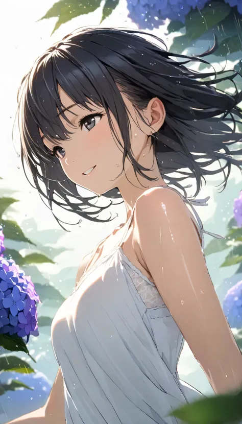 masterpiece, best quality, ultra-detailed, 8k, high resolution, Gentle colors, soft focus, dreamy background, White background, Hydrangea background, Delicate and dynamic, light rain, The wind is blowing, 1 girl, Long white camisole dress, Wet and shiny bl...
