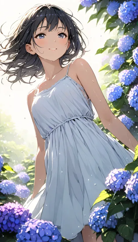 masterpiece, best quality, ultra-detailed, 8k, high resolution, Gentle colors, soft focus, dreamy background, White background, Hydrangea background, Delicate and dynamic, light rain, The wind is blowing, 1 girl, Long white camisole dress, Wet and shiny bl...