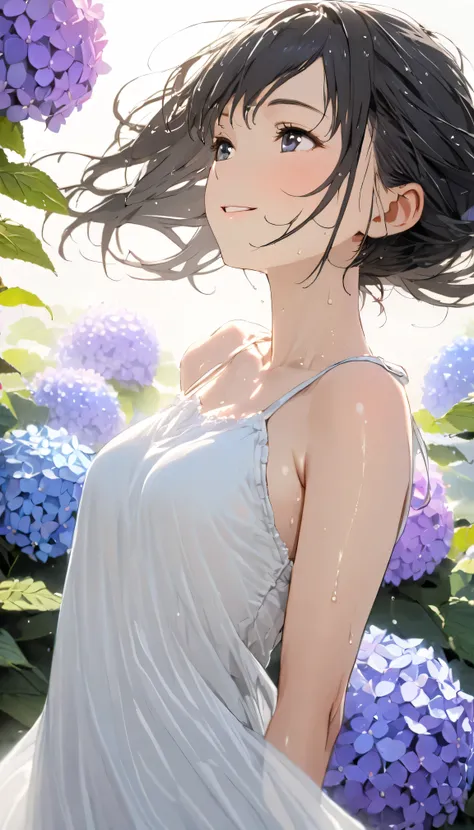 masterpiece, best quality, ultra-detailed, 8k, high resolution, Gentle colors, soft focus, dreamy background, White background, Hydrangea background, Delicate and dynamic, light rain, The wind is blowing, 1 girl, Long white camisole dress, Wet and shiny bl...