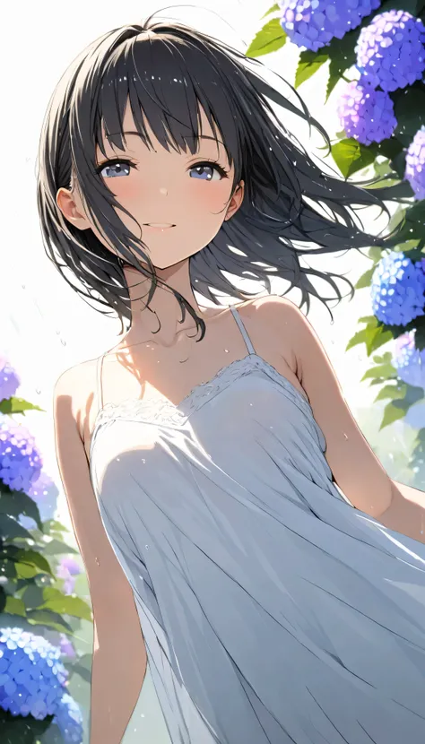 masterpiece, best quality, ultra-detailed, 8k, high resolution, Gentle colors, soft focus, dreamy background, White background, Hydrangea background, Delicate and dynamic, light rain, The wind is blowing, 1 girl, Long white camisole dress, Wet and shiny bl...