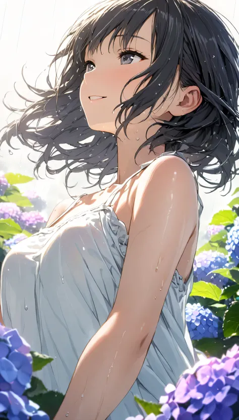masterpiece, best quality, ultra-detailed, 8k, high resolution, Gentle colors, soft focus, dreamy background, White background, Hydrangea background, Delicate and dynamic, light rain, The wind is blowing, 1 girl, Long white camisole dress, Wet and shiny bl...