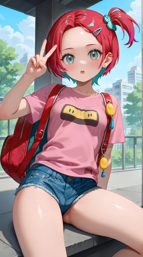 1girl,amate yuzuriha,breasts, forehead,bangs,red hair,short hair, multicolored hair,aqua eyes,multicolored eyes, backpack, bag,red bag,v, hair ornament, hairclip,solo,shirt, jewelry,looking at viewer, earrings, brown eyes, blush, short sleeves, pink shirt,...