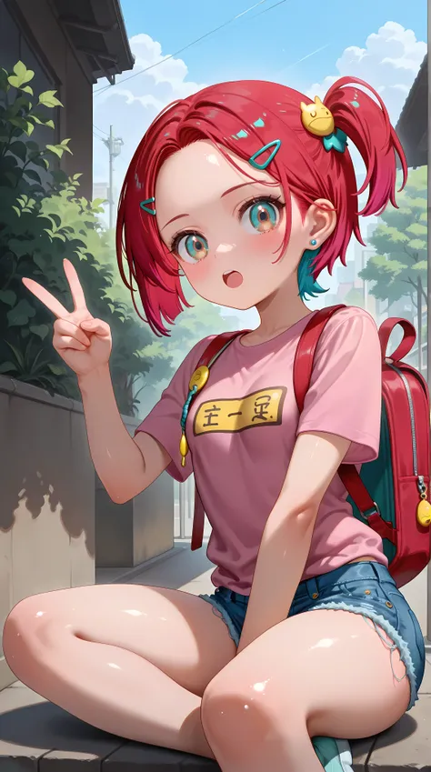 1girl,amate yuzuriha,breasts, forehead,bangs,red hair,short hair, multicolored hair,aqua eyes,multicolored eyes, backpack, bag,red bag,v, hair ornament, hairclip,solo,shirt, jewelry,looking at viewer, earrings, brown eyes, blush, short sleeves, pink shirt,...