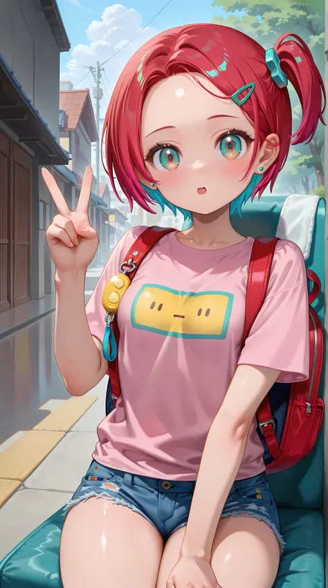 1girl,amate yuzuriha,breasts, forehead,bangs,red hair,short hair, multicolored hair,aqua eyes,multicolored eyes, backpack, bag,red bag,v, hair ornament, hairclip,solo,shirt, jewelry,looking at viewer, earrings, brown eyes, blush, short sleeves, pink shirt,...