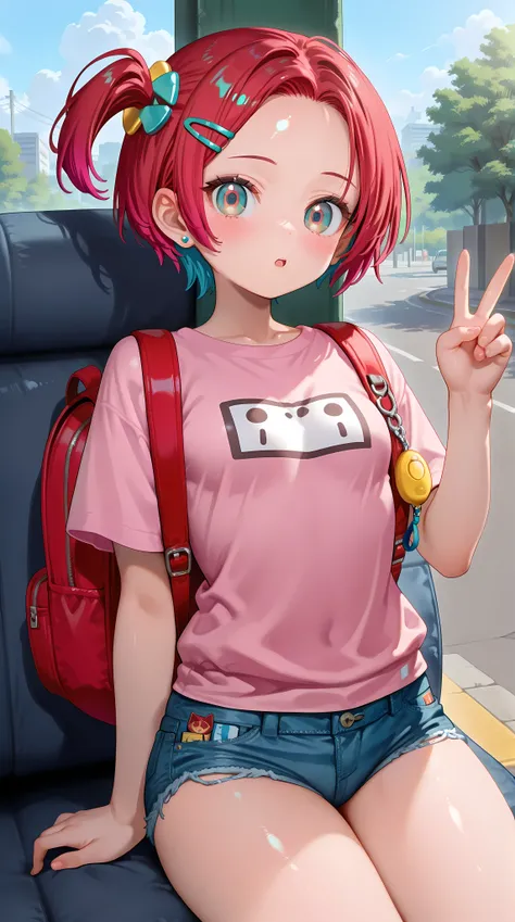 1girl,amate yuzuriha,breasts, forehead,bangs,red hair,short hair, multicolored hair,aqua eyes,multicolored eyes, backpack, bag,red bag,v, hair ornament, hairclip,solo,shirt, jewelry,looking at viewer, earrings, brown eyes, blush, short sleeves, pink shirt,...