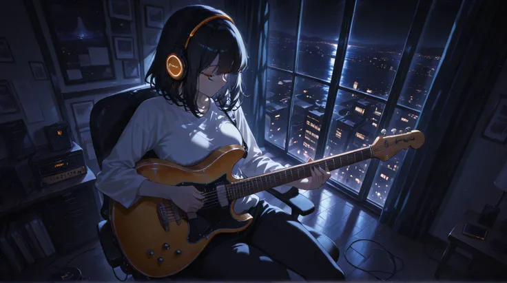 masterpiece,lady,black medium hair,white shirt,headphone,make music,playing guitar,sitting,room,night,cowboy shot,high angle,anime