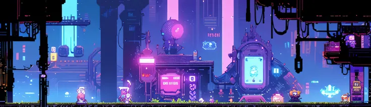 hbyxcj, science fiction, sem humanos, Scenario, cabo, pixel art, futuristic sidescroller game, purple, blue and neon colors, futuristic city in the background with industrial feeling