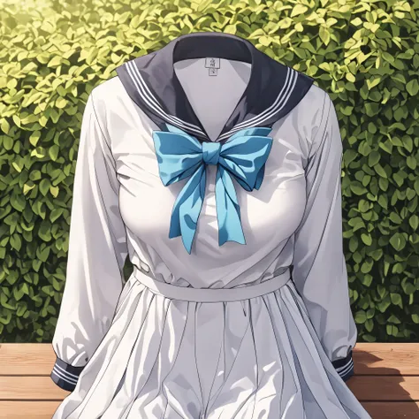 shirt, long sleeves, bow, school uniform, white shirt, serafuku, sailor collar, neckerchief, blue bow, black sailor collar, blue neckerchief, on bench in garden, (invisible:1.5, no humans:1.5, headless:1.5, faceless:1.5), cute big huge breasts, detailed cl...