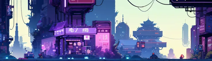 Habišić, Royal Chinese Meal,  unmanned human , Sky scene, , pixel art, futuristic horizontal scroll game, purple, blue and neon colors, The background is a futuristic city,with industrial feel，