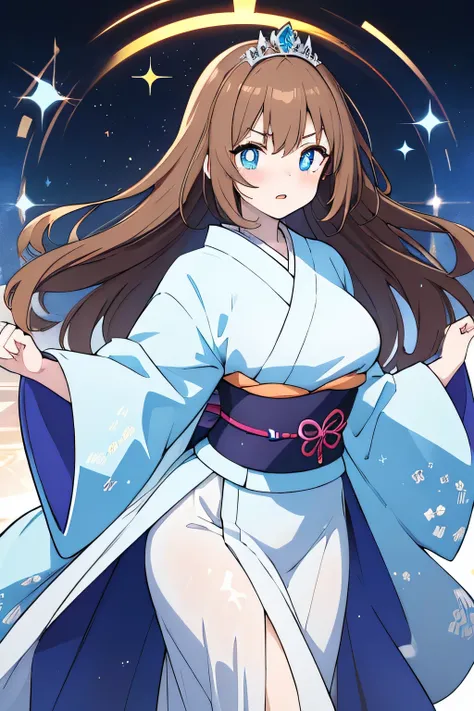 [high quality] light brown hair, white skin, sky blue eyes, Pupils that sparkle like diamonds, Blue princess kimono,    diamond pupils   , white collar, Age: 28 , Big Breasts, holographic expression: I would be angry, fighting dance position