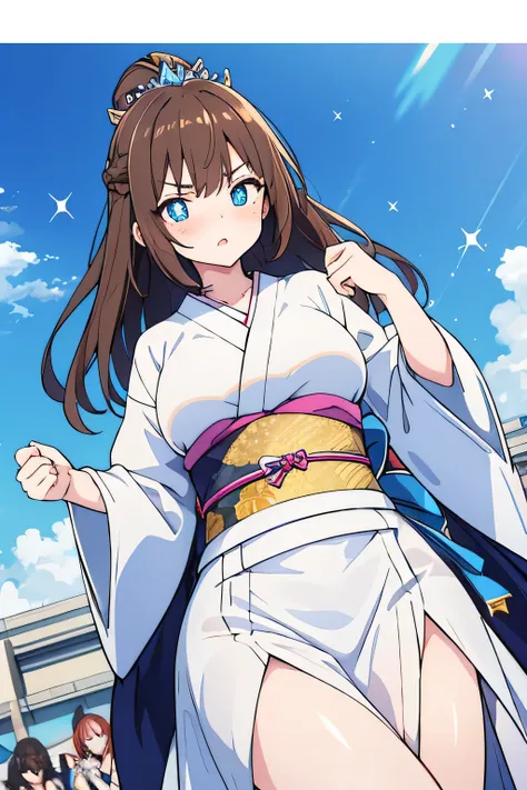 [high quality] light brown hair, white skin, sky blue eyes, Pupils that sparkle like diamonds, Blue princess kimono,    diamond pupils   , white collar, Age: 28 , Big Breasts, holographic expression: I would be angry, fighting dance position