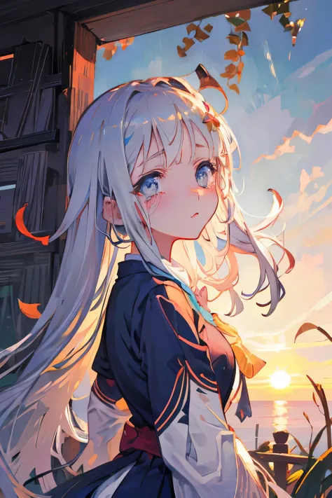 18 years old、Japanese Women、 Silver Hair、Semi-long、inner circle、round face、face、Dark eyebrows、My Gills Are Slightly Stretchy、Double、Narrow eyes、Rounded chin 、my cheeks are red、in the rain、waving big、I'm sad to see you off looking back、My mouth is distorted...
