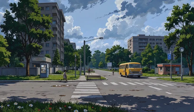 landscape, street, USSR vibes, panel buildings:2.5, panelki:2.5, many floors, many green trees, night, summer, puddles on the asphalt, cloudy:1.5, grass, crossroad:1.5, cracks in the asphalt:0.5, soviet-style concrete fence:0.15, flowers:0.25, constructivi...