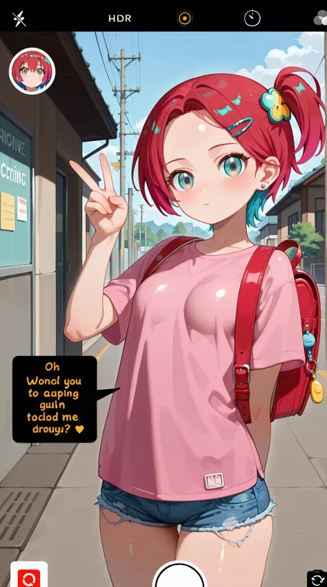 1girl,amate yuzuriha,breasts, forehead,bangs,red hair,short hair, multicolored hair,aqua eyes,multicolored eyes, backpack, bag, randoseru, fake screenshot, red bag, v, hair ornament, hairclip,solo, shirt, jewelry, fake phone screenshot, looking at viewer, ...