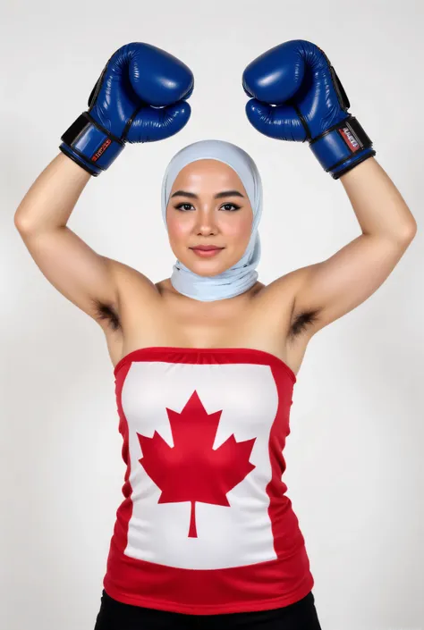front view, Malaysian hijab-wearing mother. (Wearings Canada flag top strapless ). BOTH SIDES HANDS IN STRAIGHT UP LIFT WEARING BOXING GLOVE , hair Arm pit 