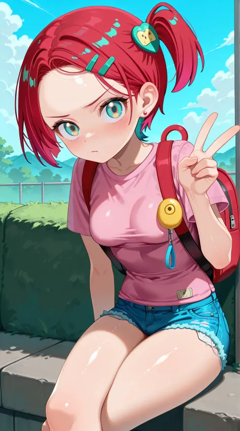 1girl,amate yuzuriha,breasts, forehead,bangs,red hair,short hair, multicolored hair,aqua eyes,multicolored eyes, backpack, bag,red bag,v, hair ornament, hairclip,solo,shirt, jewelry,looking at viewer, earrings, brown eyes, blush, short sleeves, pink shirt,...