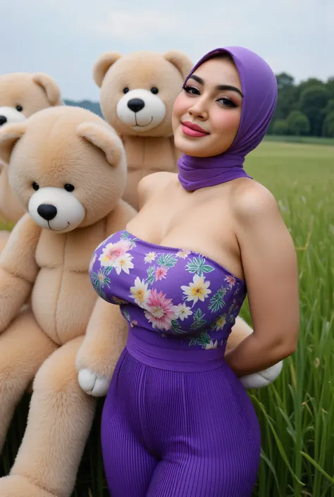 Visible female panties, front posing, ("Facial expression in Happy big Orgasm"), Both hands lying behind the back, Wearing flora print hijab,  (photorealistic:1.6) ((Indonesian hijab)), background rice paddy. daytime atmosphere, (((please don't showing any...