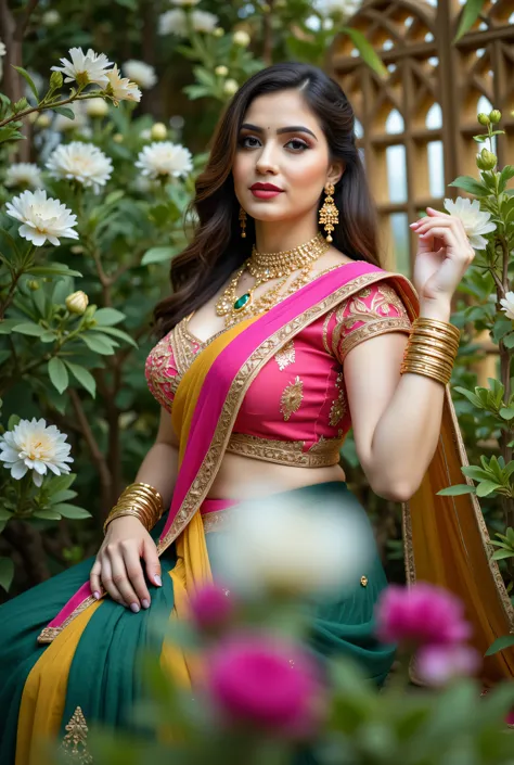 A captivating portrait of a beautiful woman in a traditional Indian saree, posed elegantly in a lush garden setting. The saree is a stunning combination of vibrant yellow and black, adorned with intricate gold embroidery and embellishments. The blouse feat...