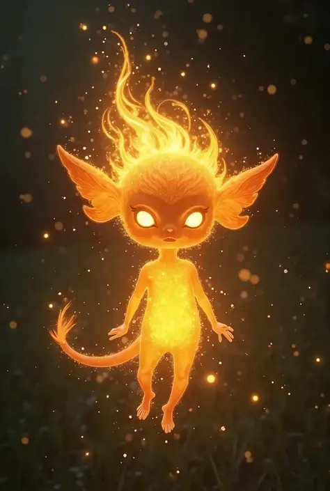 "Ultra-detailed image of a  female humanoid elemental entity, embodying the element of fire but distinctly non-human. The figure is sharply defined with precise human childish body contours, with hair resembling flickering flames. The setting is a harmonio...