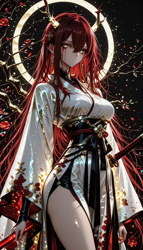 1 girl , golden eyes , very long hair , long sidelocks, red hair ,half updo, petite , very cute , beautiful ,Straight hair, cool, handsome, hair between eyes, sexy, medium breasts , blood tears, white kimono, sengoku period, white warrior, white armor, sh...